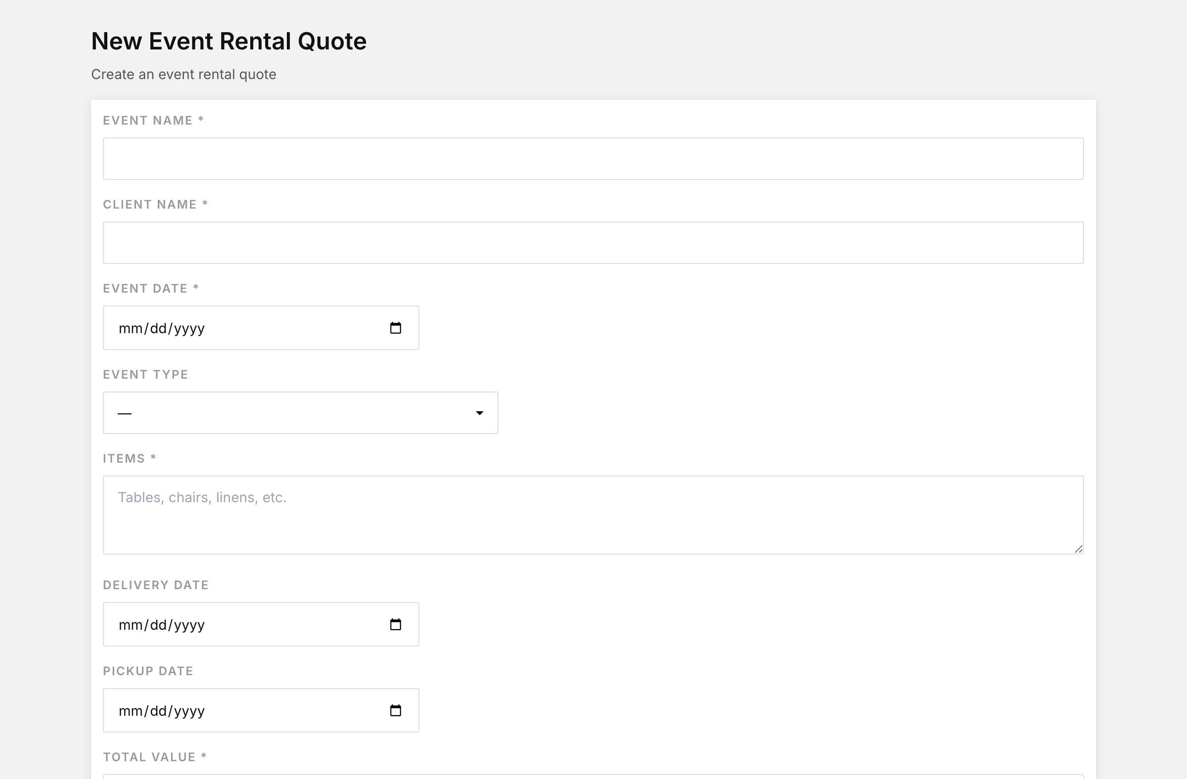 New event rental quote