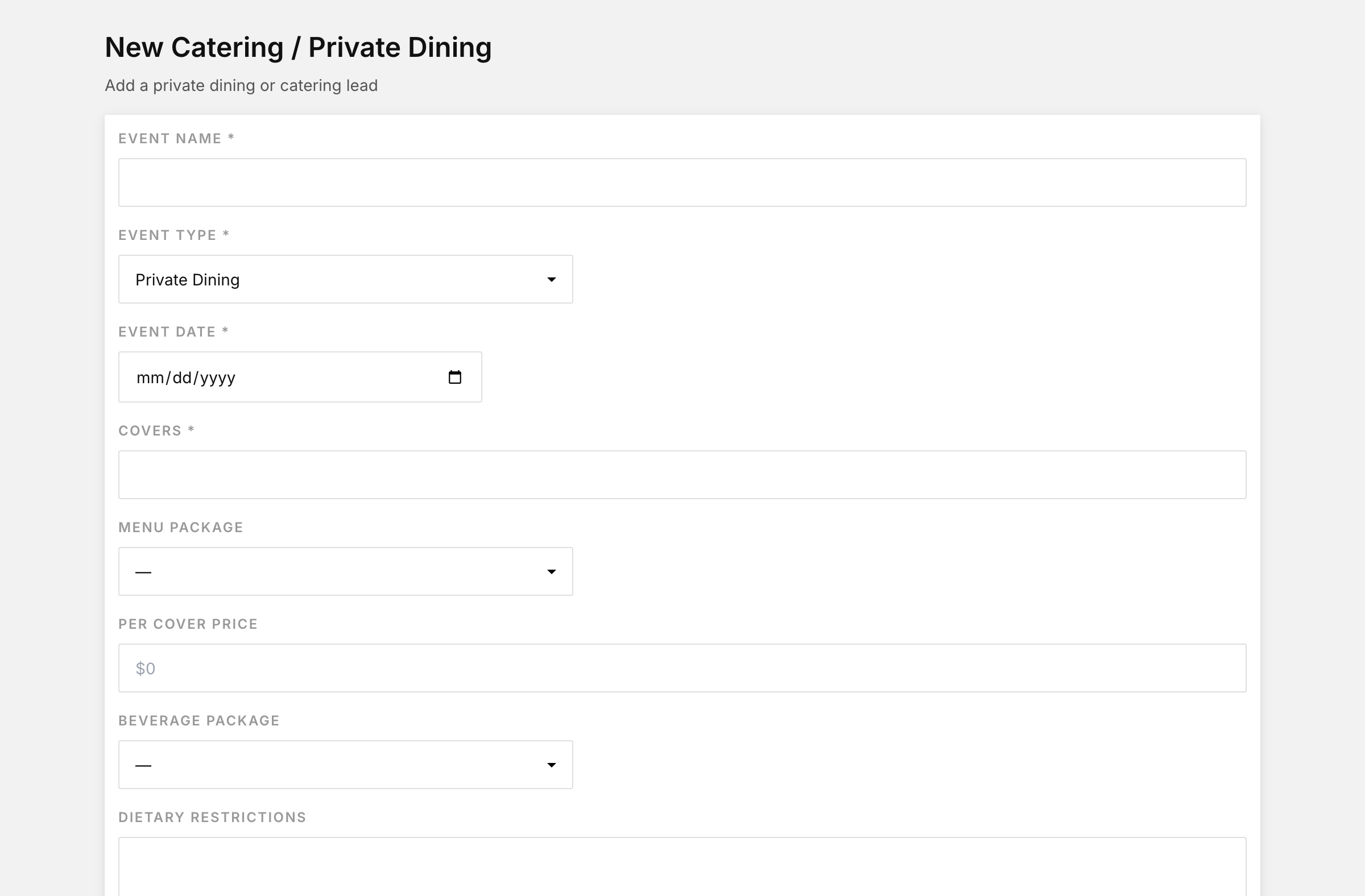 New catering / private dining