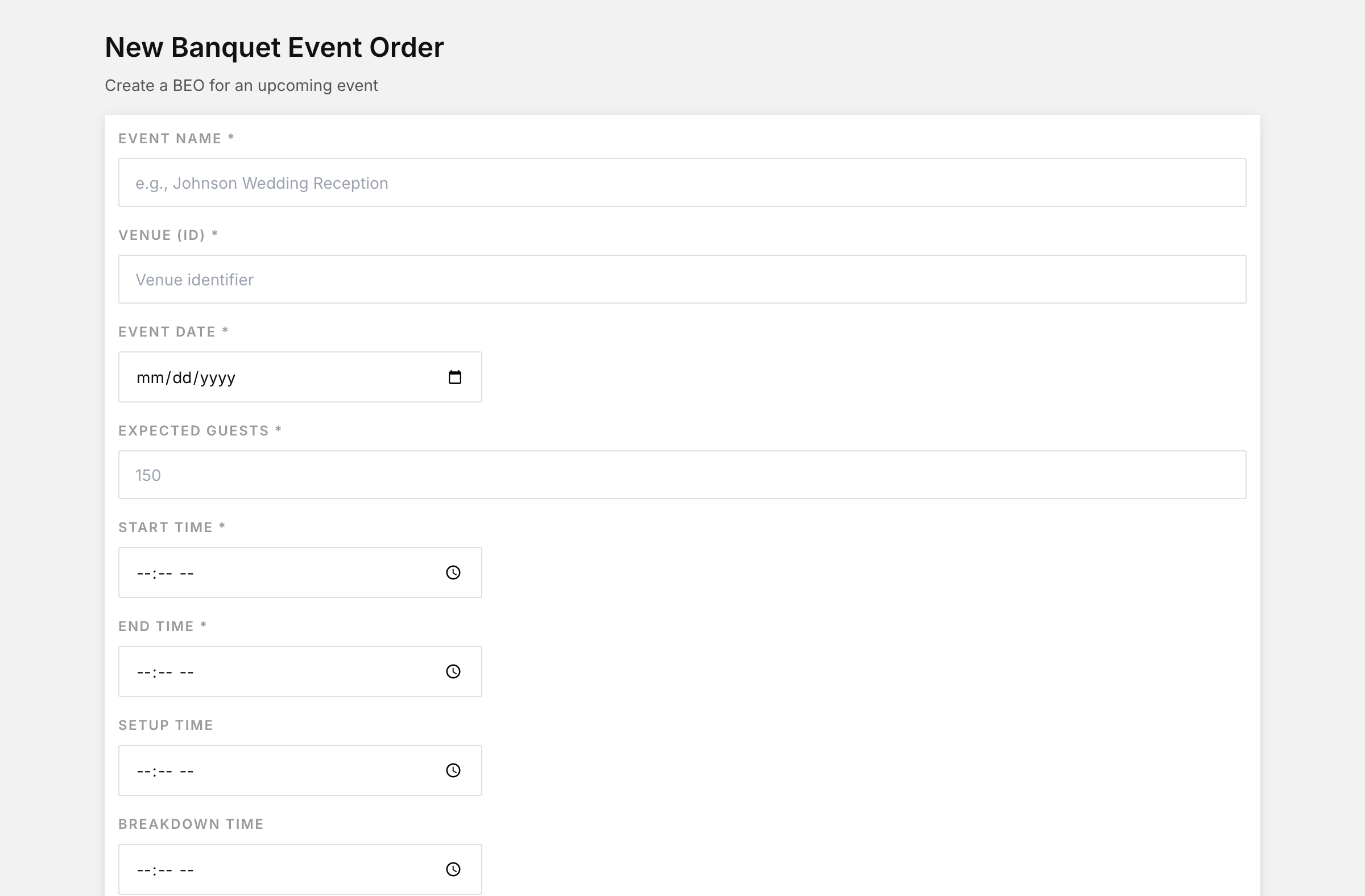 New banquet event order